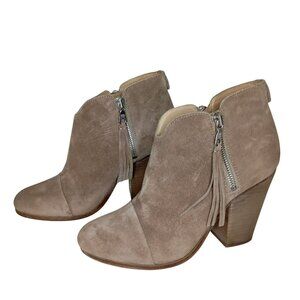 Rag & Bone Ankle Boots Size 36.5 Taupe Suede With Tassel Zipper & Stacked Heel
